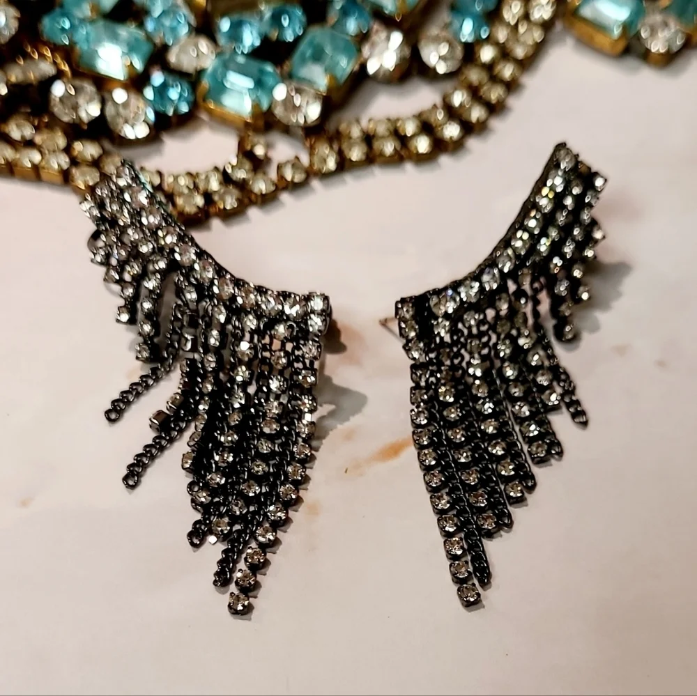 New Gunmetal Crystal Fringe Ear Climbers Earrings